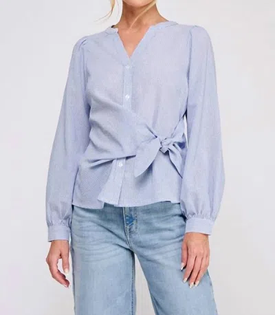Allie Rose Cotton Long Sleeve Pinstripe Blouse With Side Tie In Blue In Multi