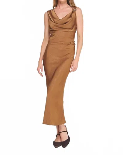 Allie Rose Draped Midi Dress With Brooch Detail In Caramel In Brown