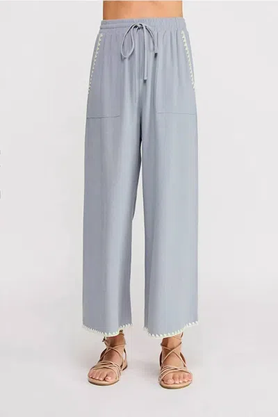 Allie Rose Embroidered Soft Linen Elastic Waist Ankle Pants In Blue