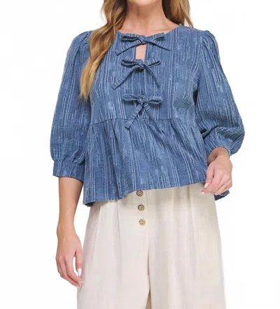 Allie Rose Giselle Textured 3/4 Sleeve Ribbon Blouse In Denim In Blue