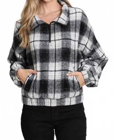 Allie Rose Half Zip Plaid Pullover With Elastic Waistband In Black/white In Multi