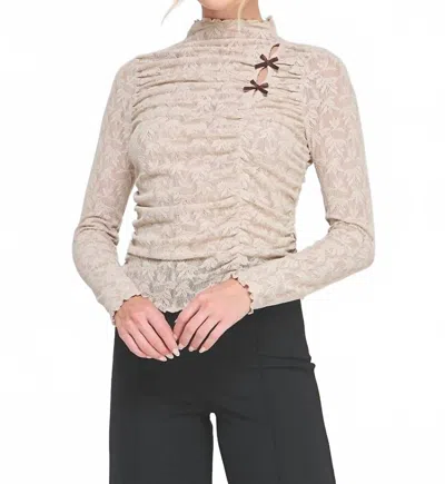 Allie Rose Jacquard Lace Knit Ruched Mock Neck Top In Beige In Neutral