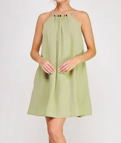 Allie Rose Linen Bead Neck Mini Dress In Sage In Green