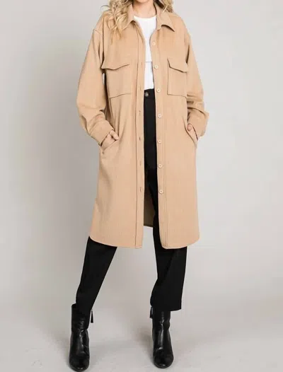 Allie Rose Long Solid Cord Shacket In Camel In Brown
