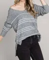 Allie Rose Lurex Striped V-neck Cozy Sweater In Striped Heather Gray/silver
