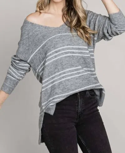 Allie Rose Lurex Striped V-neck Cozy Sweater In Striped Heather Gray/silver