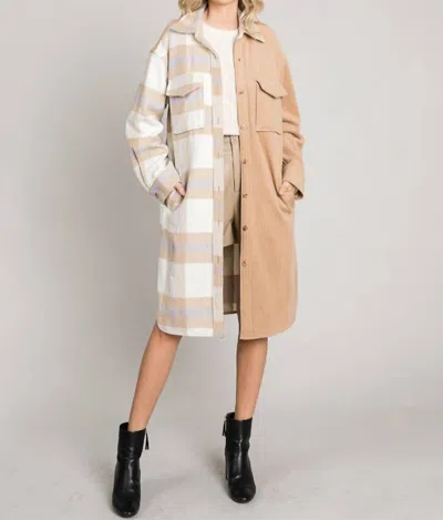 Allie Rose Mixed Corduroy Plaid Long Shacket In Camel In Brown