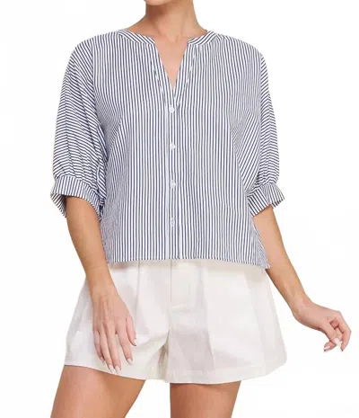 Allie Rose Olga Pinstripe Seersucker Dolman Blouse In Navy In Blue