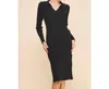 Allie Rose Ribbed V Neck Collar Long Sweater Dress In Black In Black