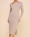 Allie Rose Ribbed V Neck Collar Long Sweater Dress In Truffle In Multi