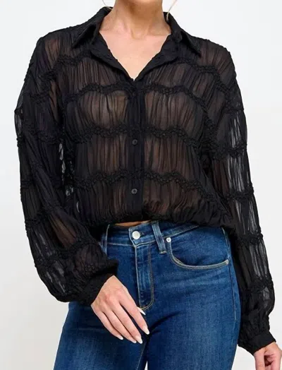 Allie Rose Ruched Long Sleeve Sheer Blouse In Black