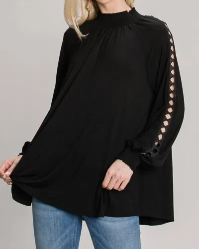 Allie Rose Smocked Mock Neck Long Sleeve Knit Blouse In Black