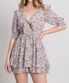 Allie Rose Smocked Sleeve Tie Waist Flowy Romper In Natural Brown