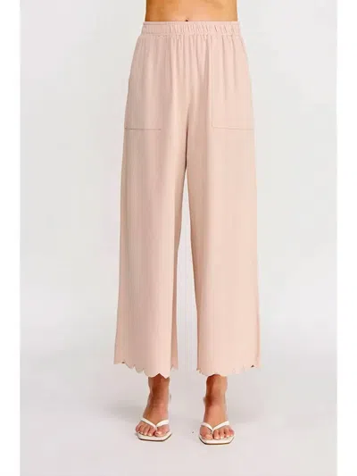Allie Rose Soft Linen Blend Scallop Hem Elastic Waist Pant In Natural In Pink