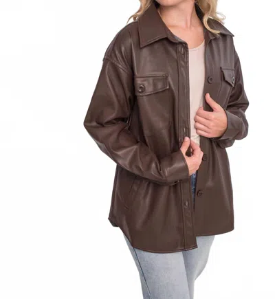 Allie Rose Soft Pleather Button Front Shacket In Chocolate In Brown