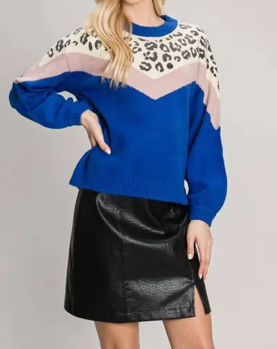 Allie Rose Soft Plush Chevron Leopard Print Pullover Sweater In Royal Blue/blush