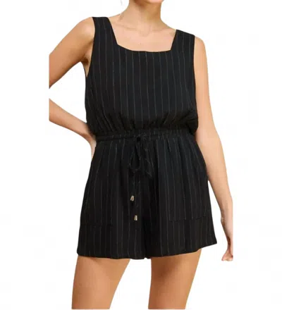 Allie Rose Stripe Linen Blend Square Neck Romper In Black Stripe