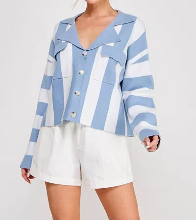 Allie Rose Striped Soft Relaxed Collared Cardigan In Ivory /blue In Multi