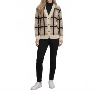Allie Rose Windowpane Plaid Button-front Knit Cardigan In Caramel In Beige