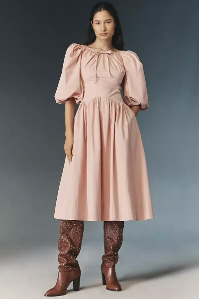 Allina Liu Emma Puff-sleeve Tie-back Midi Dress In Pink