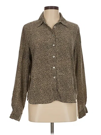 Pre-owned Allison Taylor Long Sleeve Silk Top Tan Animal Print Pattern Collared Neckline Tops In Brown