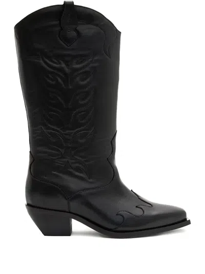 Allsaints Womens Black Dolly Embroidered-stitch Leather Western Boots