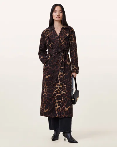 Allsaints Abel Leopard Print Trench Coat, In Brown