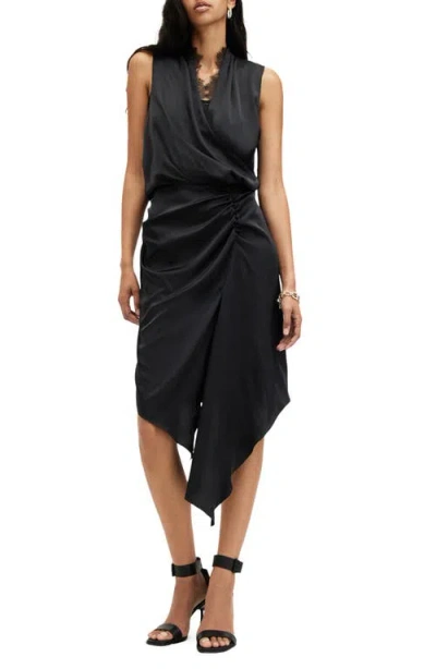 Allsaints Abi Lace Trim Gathered Asymmetric Dress In Black