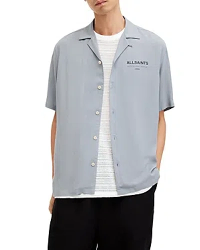 Allsaints Access Cotton Logo Print Regular Fit Button Down Camp Shirt In Skyline Grey
