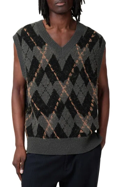 Allsaints Mens Adore Check-print V-neck Knitted Vest Khaki Green