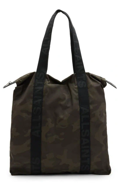 Allsaints Afan Camo Recycled Polyester Tote In Dark Camo Green
