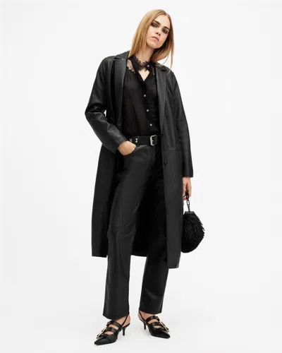 Allsaints Aire Long Line Leather Coat In Black