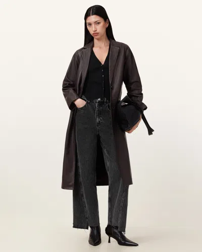 Allsaints Aire Long Line Leather Coat In Oxblood Red