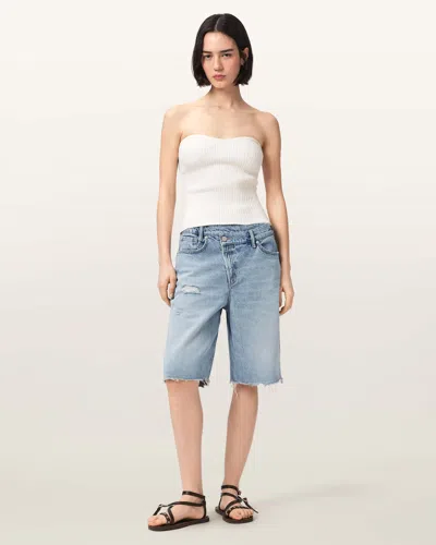 Allsaints Aki Crossover Wide Leg Denim Shorts In Blue