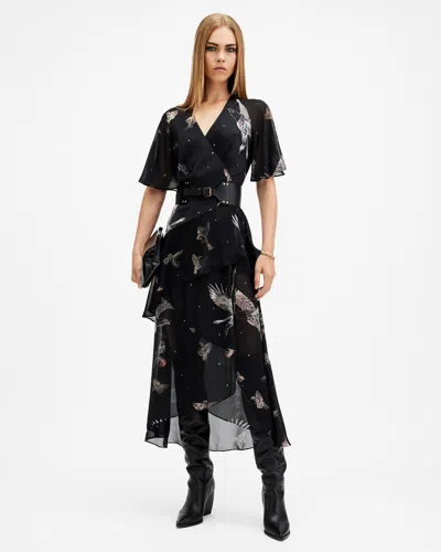 Allsaints Alana Printed Wrap Over Midi Dress In Spell Black
