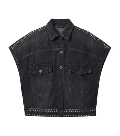 Allsaints Alba Stud Short Sleeve Denim Shirt In Shadow Black