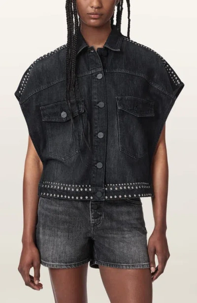 Allsaints Alba Stud Detail Sleeveless Denim Jacket In Black