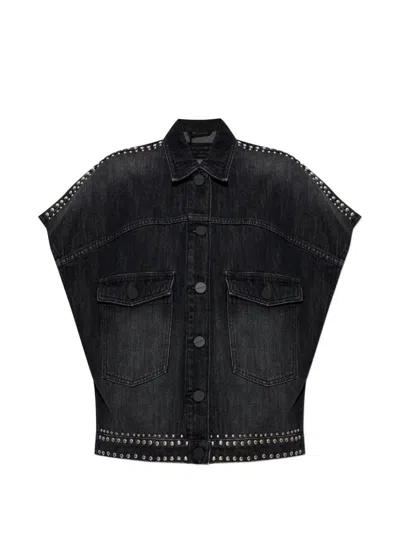 Allsaints Alba Stud Short Sleeve Denim Shirt In Shadow Black