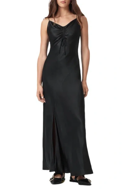 Allsaints Alexia Ruched Satin Slipdress In Black
