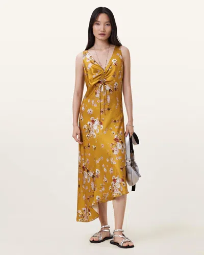 Allsaints Alexia V-neck Drawstring Midi Slip Dress In Orange
