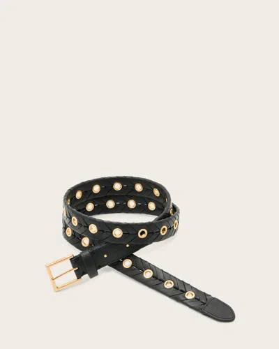 Allsaints Alice Eyelet Woven Leather Belt In Black/warm Brass