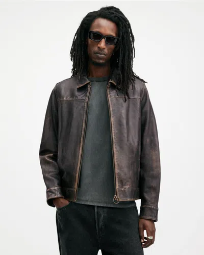 Allsaints Alkan Zip Up Two Tone Leather Jacket In Vintage Black