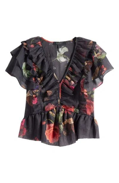 Allsaints Alma Floral Print Ruffle Top In Black