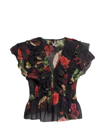 Allsaints Alma Ruffled Floral-print Blouse In Black