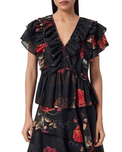 Allsaints Alma Floral Frill Top In Black