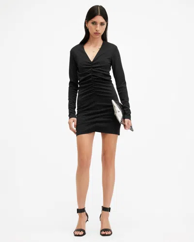 Allsaints Alya Ruched Long Sleeve Mini Dress In Black