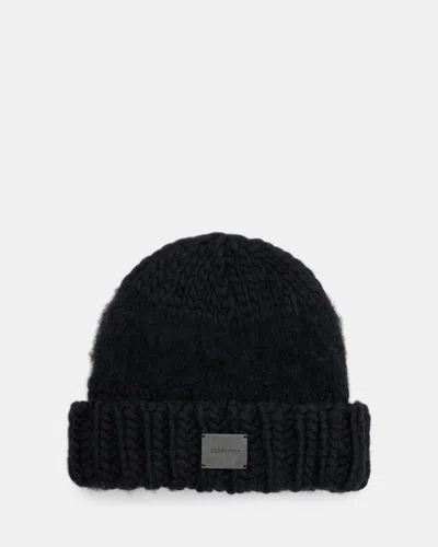 Allsaints Amber Logo Patch Beanie In Black
