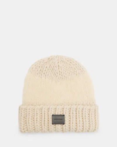 Allsaints Amber Logo Patch Beanie In Ecru White