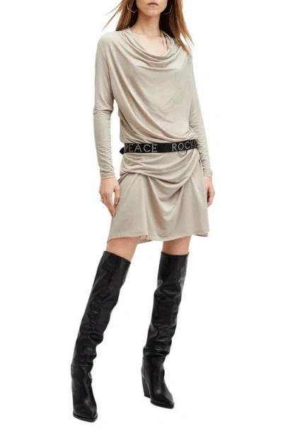 Allsaints Amei Draped Long Sleeve Minidress In Ecru Beige