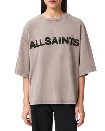 Allsaints Amelie Oversize Embellished Logo Cotton T-shirt In Gray